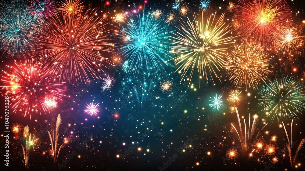 Fireworks in a dazzling display lighting the dark sky, with plenty of copy space below. Fireworks in a dazzling display lighting the dark sky, with plenty of copy space below.