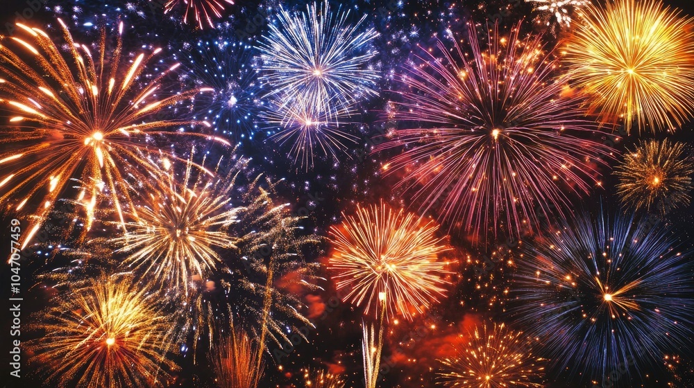 Multiple fireworks bursting across the night sky, leaving ample copy space below. Multiple fireworks bursting across the night sky, leaving ample copy space below.