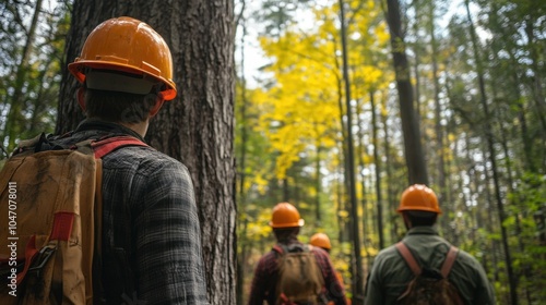 A group of workers in orange helmets walking through a forest, highlighting teamwork and safety in a natural setting.