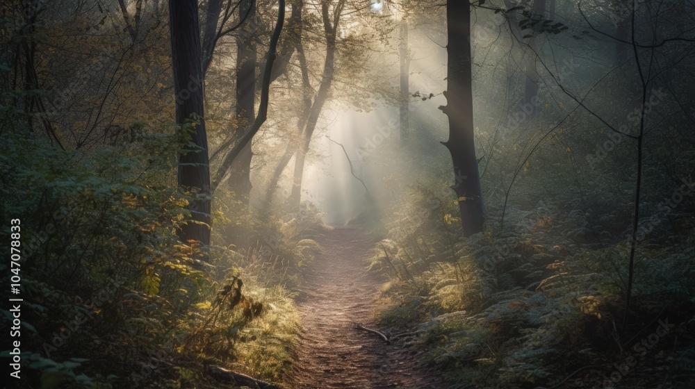 Obraz premium Sun rays illuminating misty forest trail