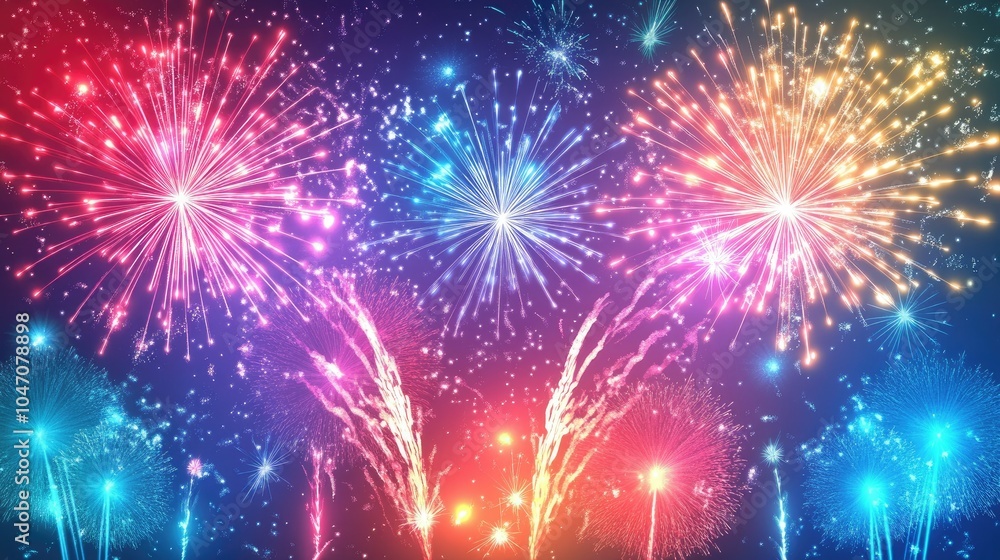 Vibrant fireworks lighting up the sky, leaving open space for text below Vibrant fireworks lighting up the sky, leaving open space for text below