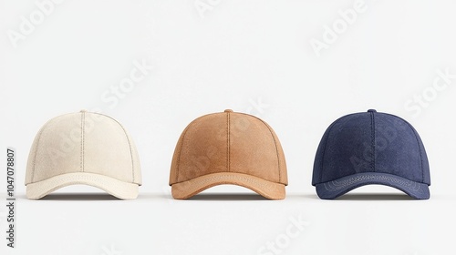 Three baseball caps in white, brown, and blue, arranged in a row on a white background.