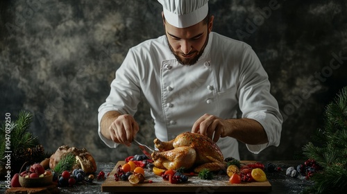 On the backdrop of a concrete wall, the cook bakes chicken with fruit for a holiday, such as Christmas or New Year's. Background information for the menu and recipe preparation