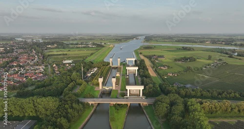 Drone shot over The Prinses Irene Locks in the Amsterdam Rhine Canal photo