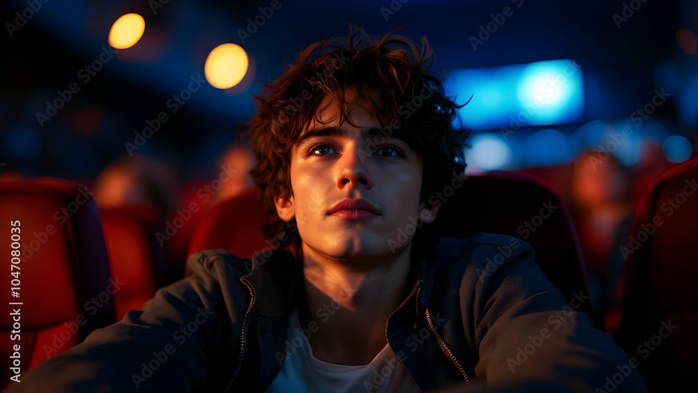 Young Man Watching Movie in Dark Cinema Setting Young Man Watching Movie in Dark Cinema Setting