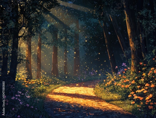 Serene Forest Path in Golden Hour Light