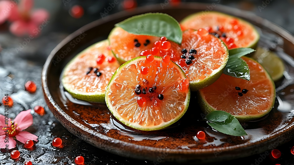 Citrus Fruit Slices with Red Caviar - Food Photography Citrus Fruit Slices with Red Caviar - Food Photography