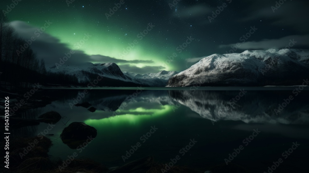 Fototapeta premium Aurora borealis reflecting on calm mountain lake at night
