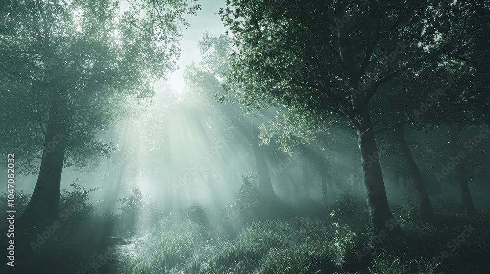 Misty Forest at Dawn with Soft Sunlight Misty Forest at Dawn with Soft Sunlight