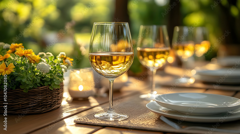 Wine Glasses on Table with Flowers in Basket - Photo Wine Glasses on Table with Flowers in Basket - Photo