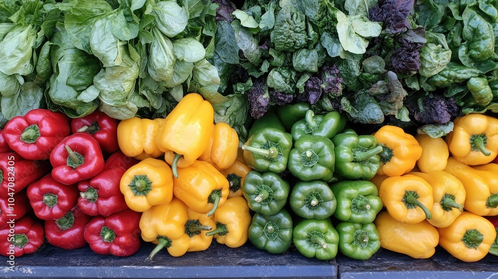 A vibrant mix of fresh produce, including bell peppers and leafy greens, arranged neatly with copy space available A vibrant mix of fresh produce, including bell peppers and leafy greens, arranged neatly with copy space available