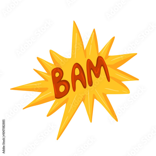Groovy cartoon sticker with Bam text and yellow cloud of explosion. Funny retro hippie speech balloon, bam sound effect, surprise explosion sound for comics. Isolated on white background