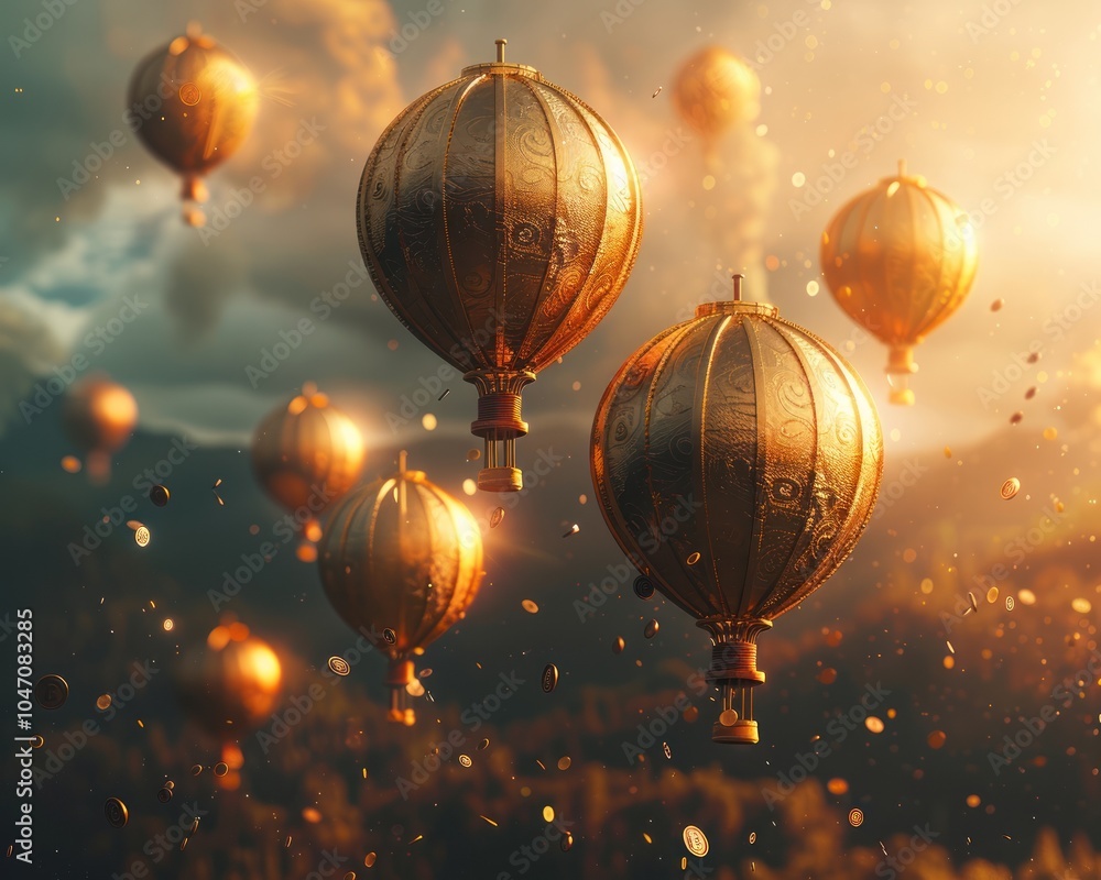 Fototapeta premium A breathtaking scene of golden hot air balloons floating gracefully in a radiant sky, surrounded by sparkling particles and dramatic clouds.