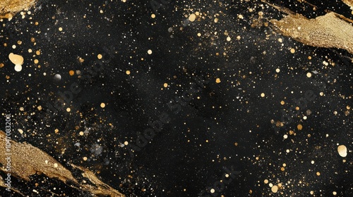 A luxurious black background adorned with scattered gold confetti, ideal for glamorous celebrations or festive events like New Year's, weddings, and anniversaries