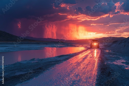 Off-road Vehicle Driving Through a Desert Landscape at Sunset photo