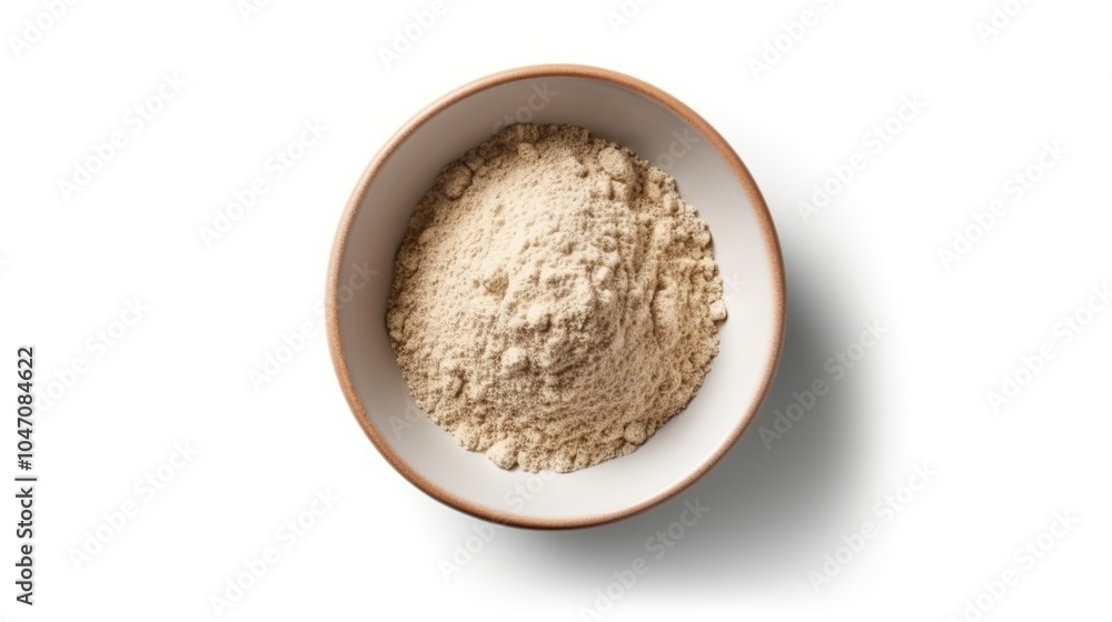 A white bowl filled with a heap of light brown powder on a white background.