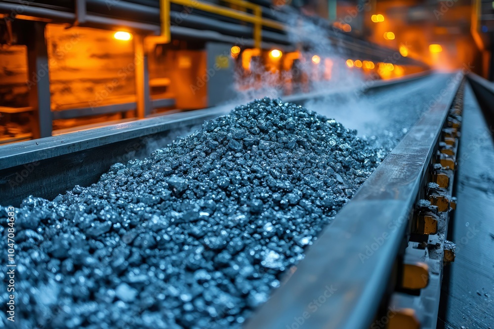 A Conveyor Belt Carrying Hot Metal Ore in a Factory A Conveyor Belt Carrying Hot Metal Ore in a Factory