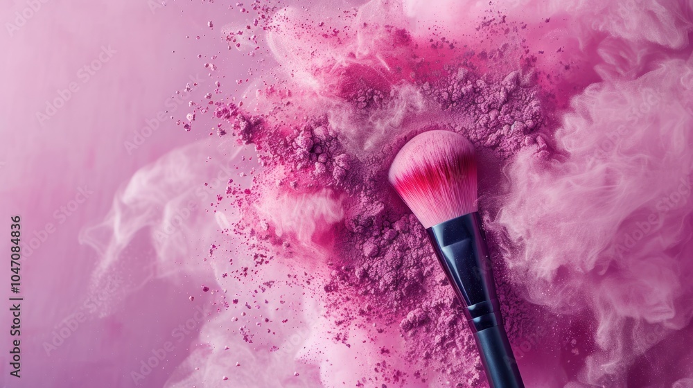 A vibrant pink makeup brush surrounded by a cloud of pink powder, creating a visually appealing beauty-themed composition.