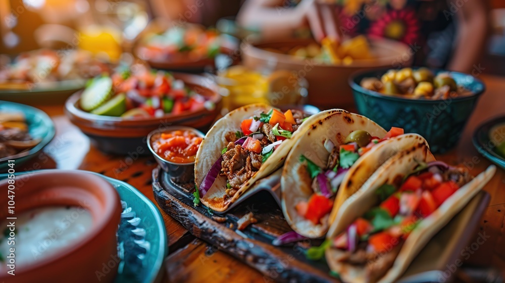 Fototapeta premium A close-up view of delicious tacos on a wooden table.