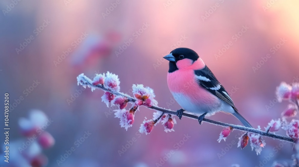 Fototapeta premium Winter cute bird sitting on the tree branch. Beautiful nature banner with bokeh background. Park or garden animal.