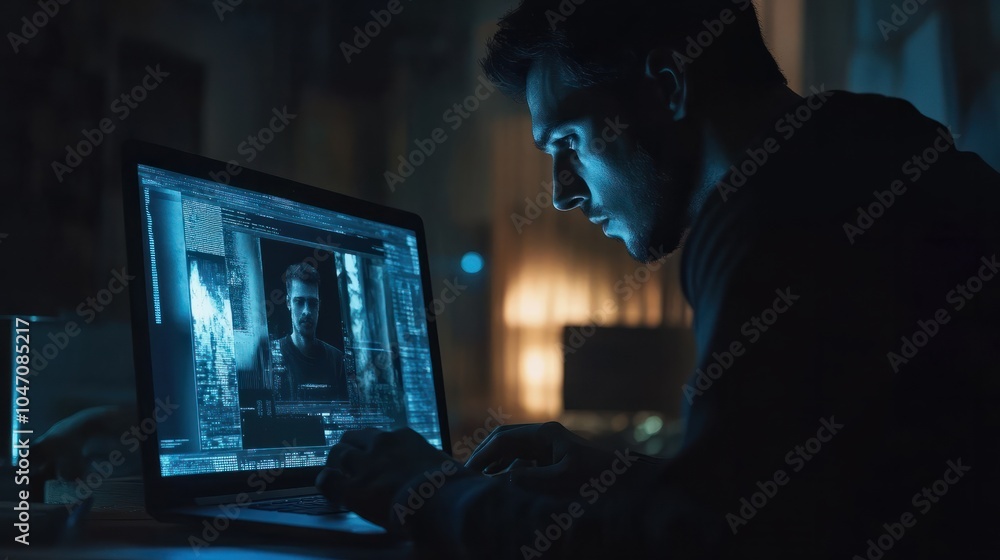 AI image creation technology. Man use AI software on a laptop to generate images, showcasing a futuristic user interface. screen with visual prompt. Image generated by artificial intelligence. photo, AI image creation technology. Man use AI software on a laptop to generate images, showcasing a futuristic user interface. screen with visual prompt. Image generated by artificial intelligence. photo,