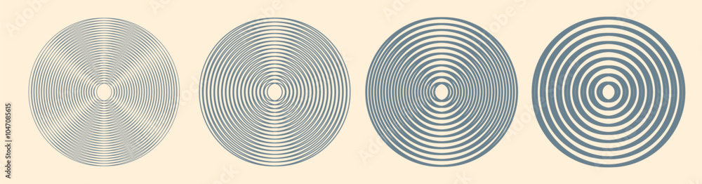 Fototapeta premium Rotation turning line stroke circle disk effect icon vector graphic illustration set, linear thin to thick twist spinning ripple shape geometric, round twirl swirl wave abstract hypnotic image 