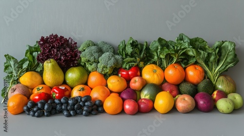 Fresh fruits and vegetables arranged neatly on a plain background, with plenty of room for copy space on the side