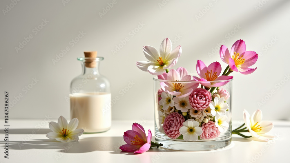 Glass vase with pink flowers, small bottles on table. Glass vase with pink flowers, small bottles on table.