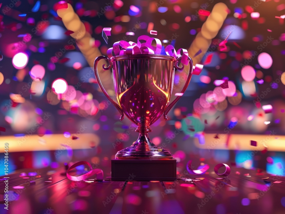 A shiny trophy surrounded by colorful confetti, symbolizing celebration and achievement in a festive atmosphere.