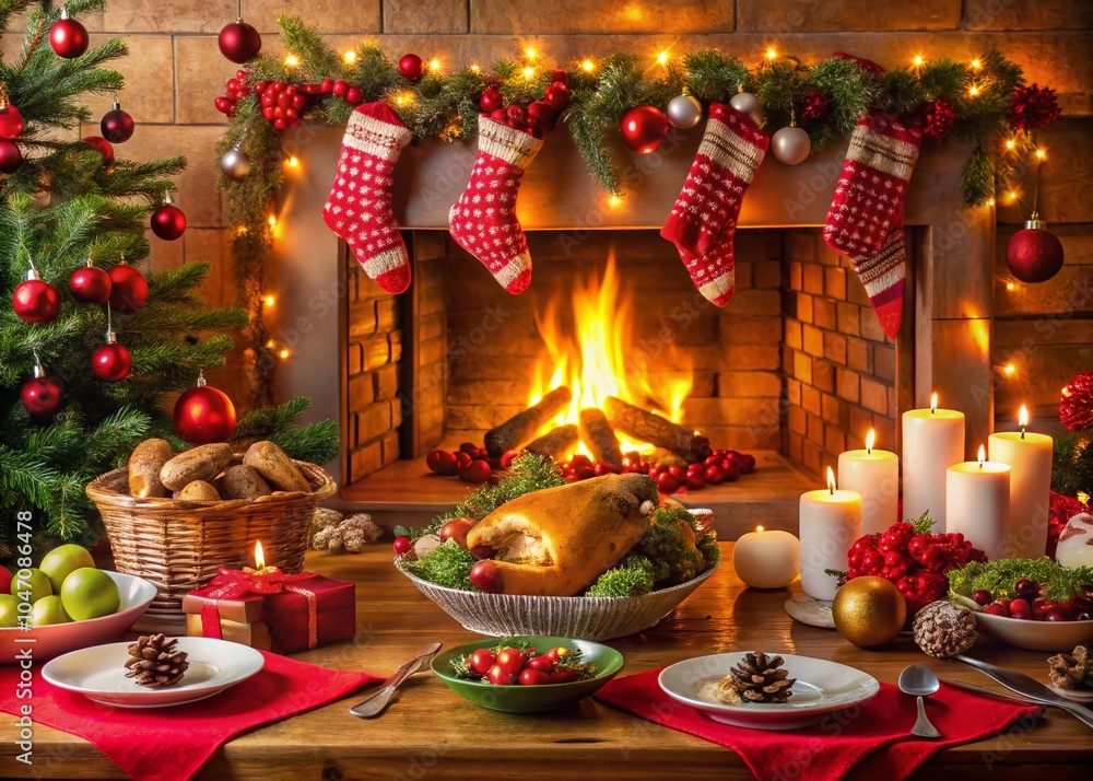Obraz premium Cozy Christmas Fireplace with Festive Food and Holiday Decor for Perfect Holiday Atmosphere