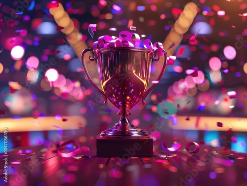 Obraz na płótnie A shiny trophy surrounded by colorful confetti, symbolizing celebration and achievement in a festive atmosphere. w salonie