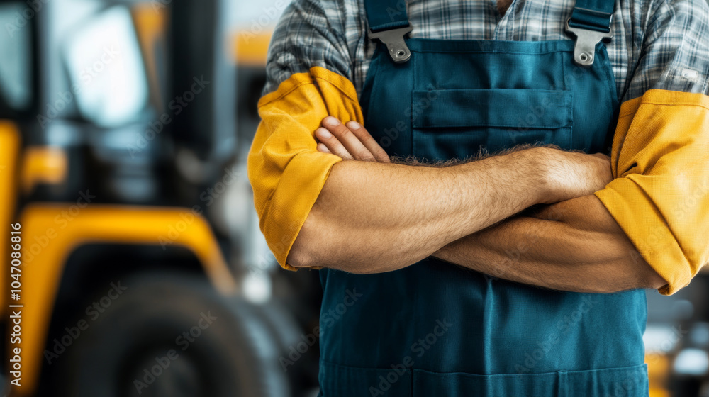 A worker stands confidently with crossed arms, wearing blue apron and yellow sleeves, in workshop setting. background features machinery, emphasizing professional environment A worker stands confidently with crossed arms, wearing blue apron and yellow sleeves, in workshop setting. background features machinery, emphasizing professional environment