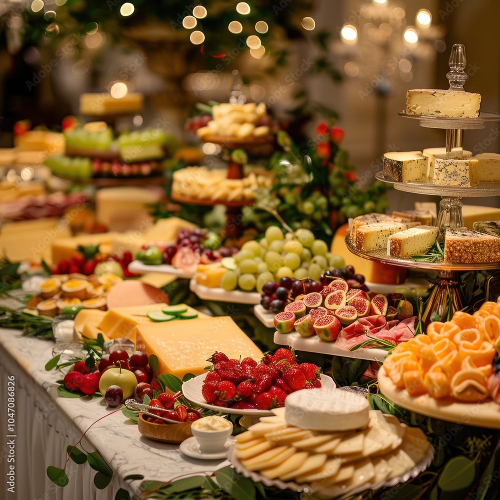 An elegant buffet featuring a variety of cheeses, fruits, and desserts, beautifully arranged for a festive celebration.
