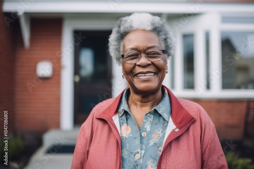 Smiling elderly woman standing outside a senior living facility on a sunny day photo