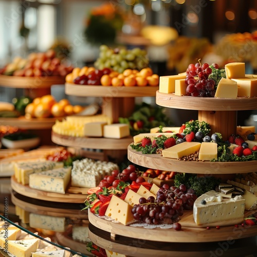 Obraz na płótnie A vibrant display of assorted cheeses and fruits arranged on elegant wooden platters, perfect for gatherings or gourmet events. w salonie