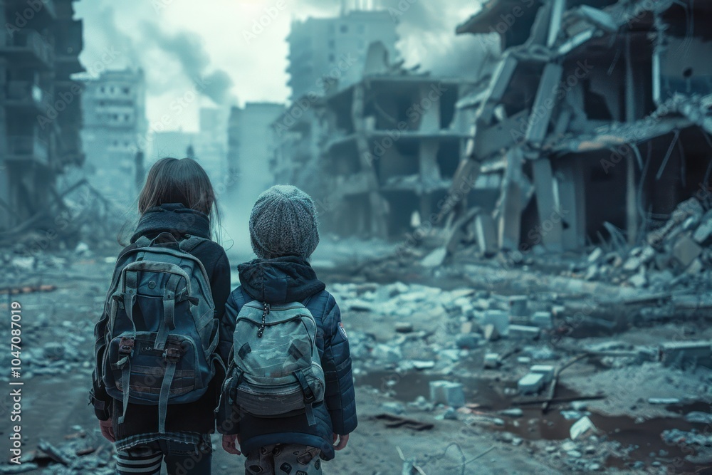 Two children stand in a war-torn area, surrounded by destruction, conveying a sense of loss and hope amid the ruins. Two children stand in a war-torn area, surrounded by destruction, conveying a sense of loss and hope amid the ruins.