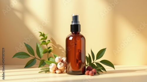 A bottle of oil with a pump dispenser, surrounded by natural items like leaves and berries.