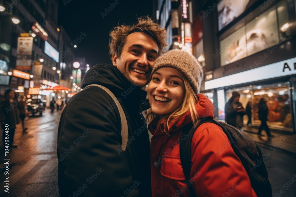 Close up of a young American couple taking selfie while walking in times square Close up of a young American couple taking selfie while walking in times square