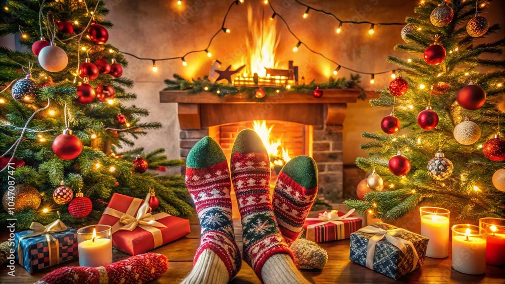 Naklejka premium Cozy Christmas Socks by the Fireplace with Holiday Decor and Warm Atmosphere