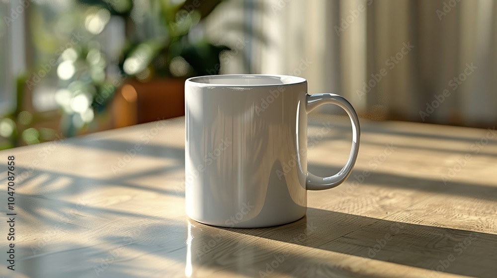 A white mug with a handle sits on a wooden table in front of a window. The mug is empty, with a soft light coming through the window, casting shadows on the table. A white mug with a handle sits on a wooden table in front of a window. The mug is empty, with a soft light coming through the window, casting shadows on the table.