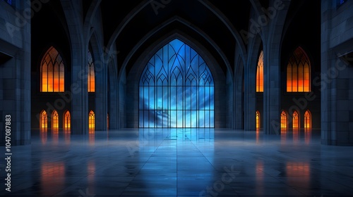 Wallpaper Mural Sunset Illuminated Cathedral Interior with Blue and Orange Stained Glass Torontodigital.ca