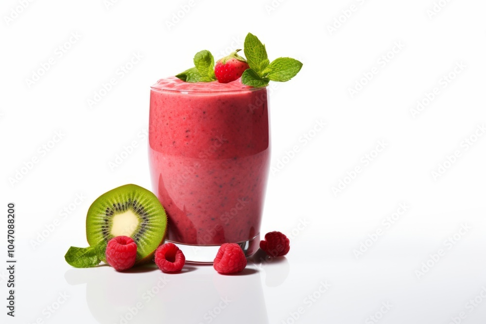Mixed berry smoothie with strawberries, blueberries, blackberries, and mint garnish on a white background Mixed berry smoothie with strawberries, blueberries, blackberries, and mint garnish on a white background