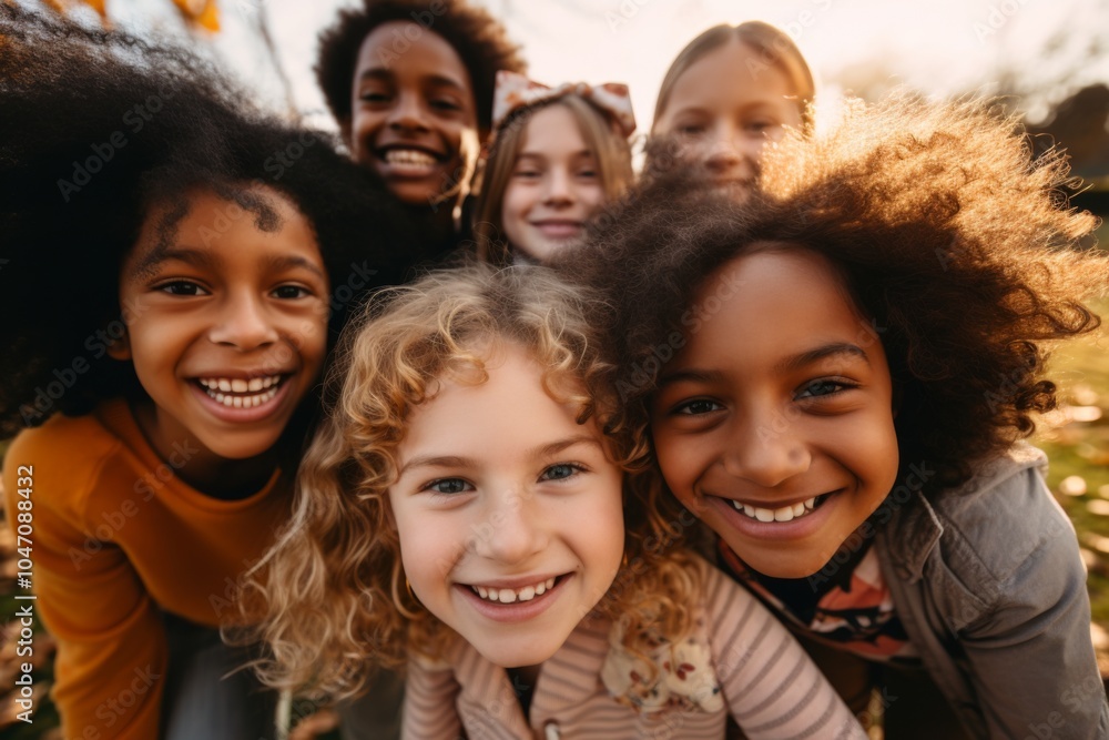 Smiling diverse group of kids taking a selfie outdoors Smiling diverse group of kids taking a selfie outdoors