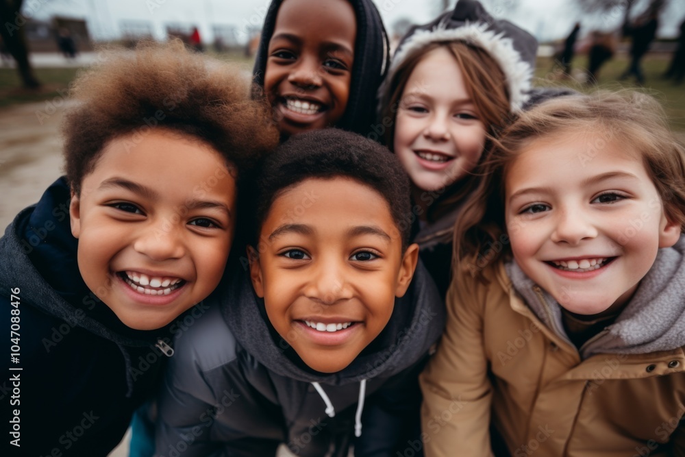 Obraz premium Smiling diverse group of kids taking a selfie outdoors