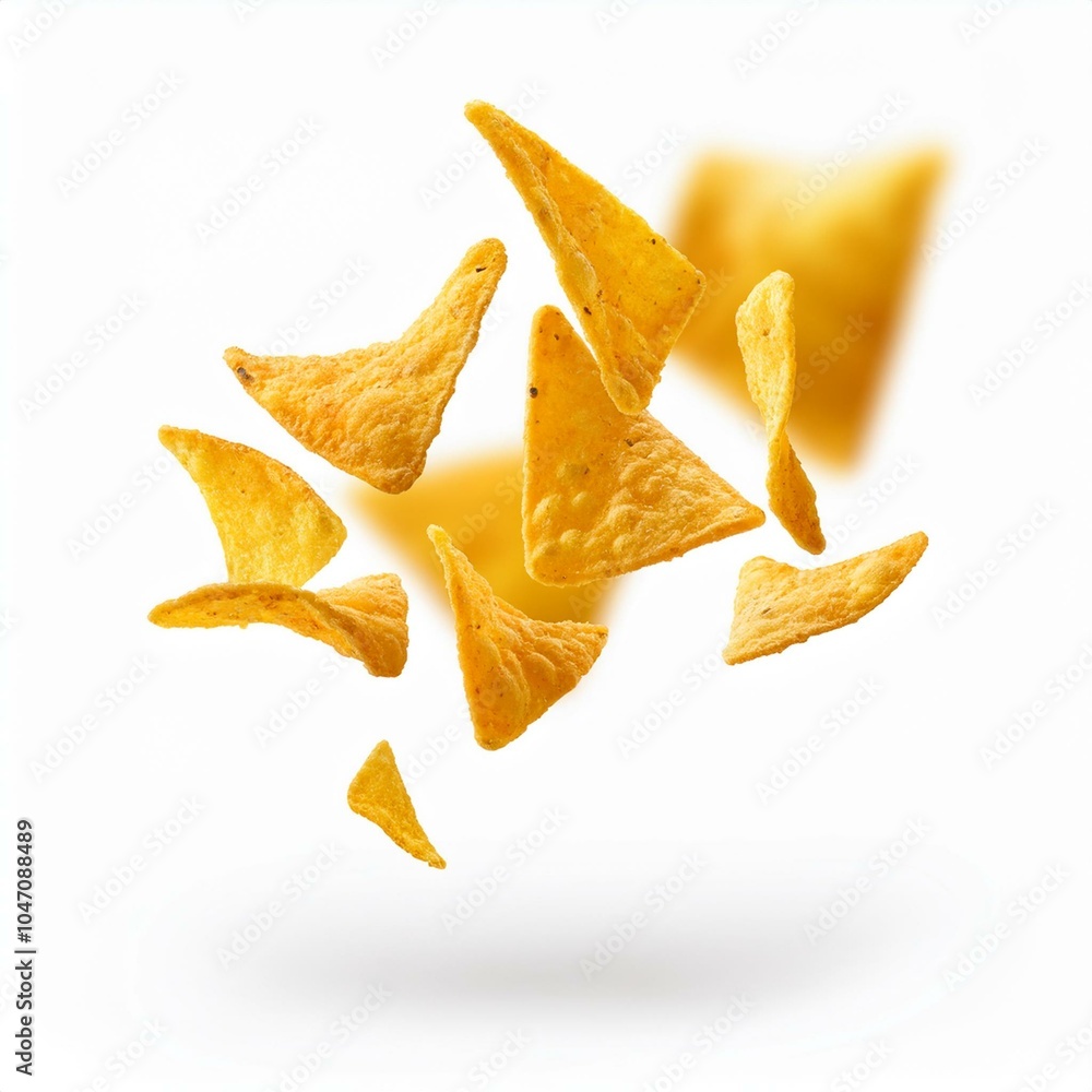 Fototapeta premium Triangular shaped corn chips levitate isolated on white background
