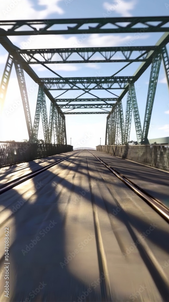 Fototapeta premium Train tracks crossing metal bridge on sunny day