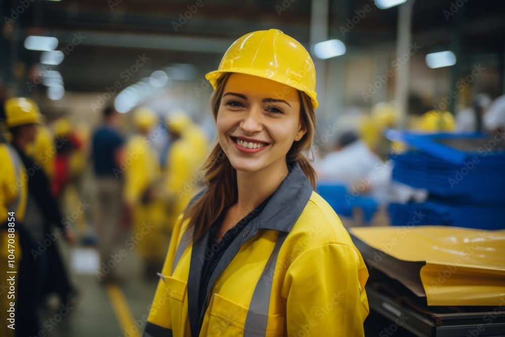 Smiling portrait of a young woman working in factory Smiling portrait of a young woman working in factory
