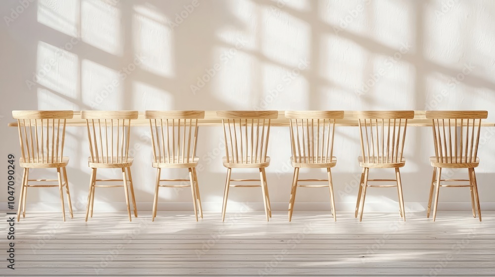 Empty wooden chairs lined up against a white wall with shadows from a window. Empty wooden chairs lined up against a white wall with shadows from a window.