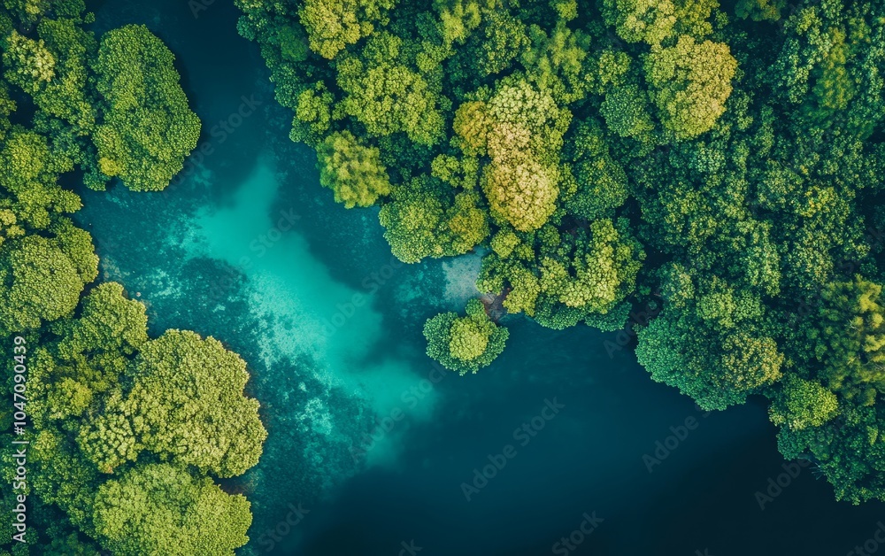 Aerial view of lush green trees surrounding a serene blue water body. Aerial view of lush green trees surrounding a serene blue water body.