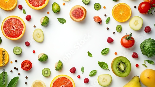 Top view of fresh fruits and vegetables scattered on a clean surface, with plenty of copy space available for text